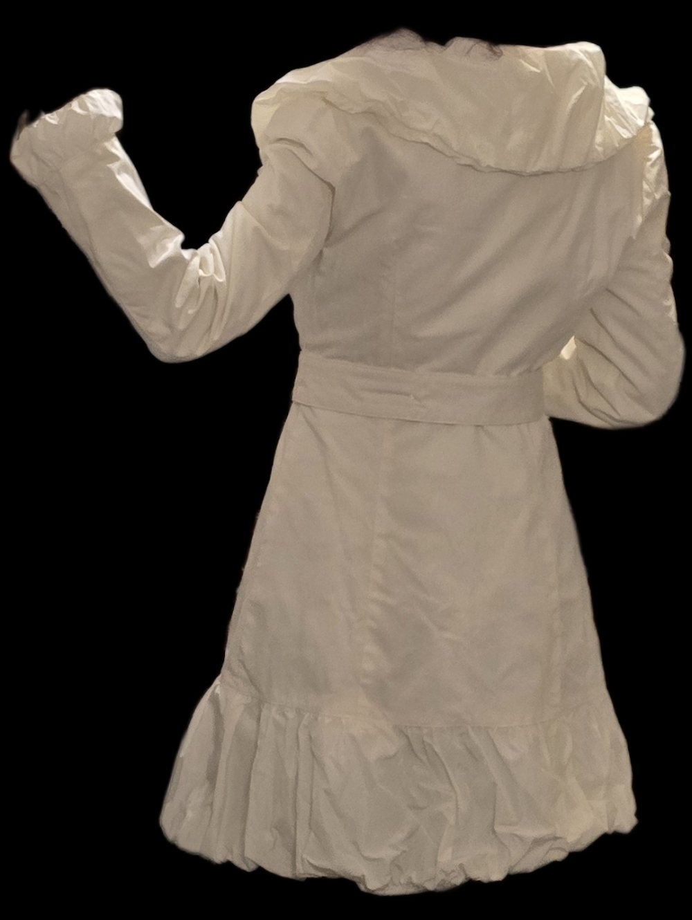 Bebe Ivory Ruffle-Trimmed Trench Coat with Belt Size Small, Like New. - Picture 4 of 17